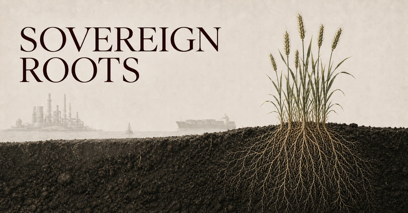 Wheat growing from dark soil, its roots reaching toward a container ship and refinery on the horizon.