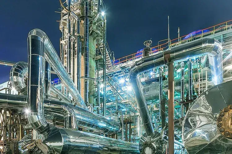Night photograph of an industrial ammonia plant's piping and distillation towers, lit and reflective against a dark sky.