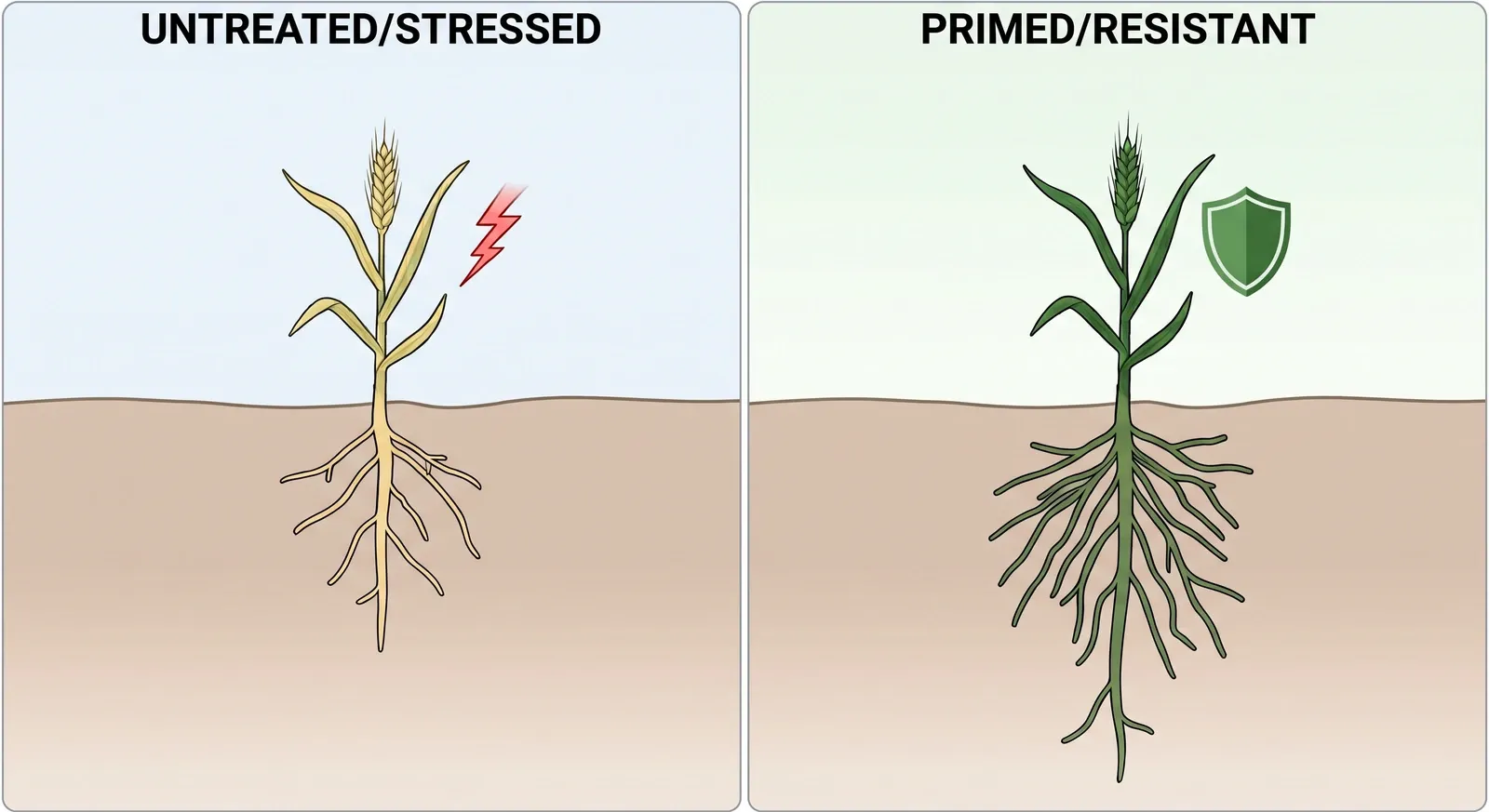 Side-by-side diagram of an untreated, stressed wheat plant with a shallow root system beside a primed, resistant wheat plant with a deeper, more branched root system.